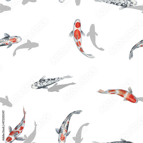 Hand painted watercolor seamless pattern with koi carp isolated on white background. For fabric, textile, wrapping paper, table cloth, napkin, clothes, postcards, wedding design asian style decoration