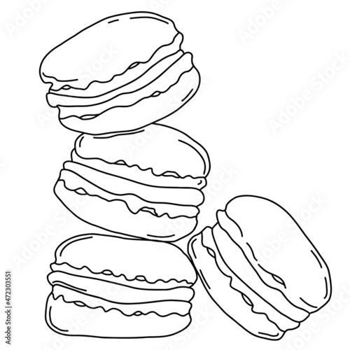 Macoroon cookies. large stack of desserts. Vector illustration. Linear outline drawing
