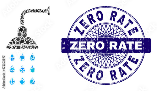 Geometric mosaic shower, and Zero Rate dirty seal. Blue seal contains Zero Rate title inside circle shape. Vector shower mosaic is done of random circle, triangle, rectangular items.