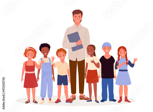 Man teacher and joyful school children standing together vector illustration. Cartoon young male teacher, coach or tutor character and group of happy pupils smiling. Knowledge, pedagogy concept