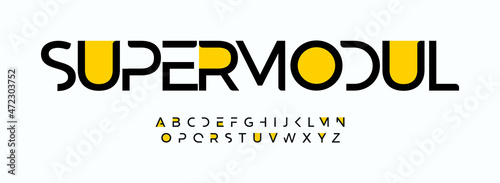 Geometric futuristic font with yellow spots, modules in letters. Creative logo and headline alphabet. Vector typography design photo