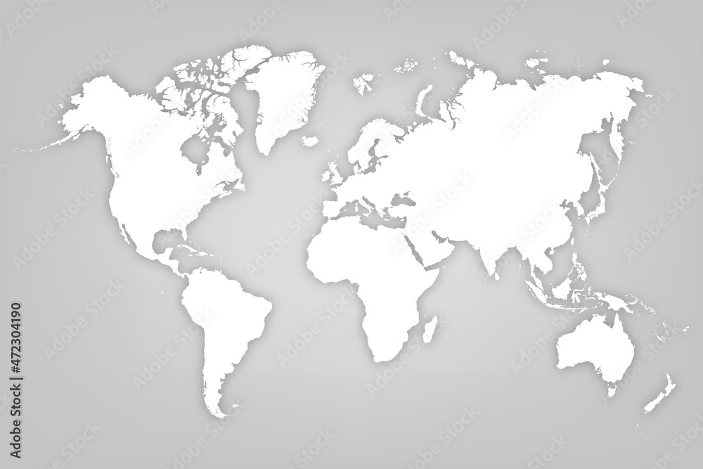 White map world on gray background. Worldmap global. Worldwide globe. Silhouette map world. Continents with shadow. Backdrop for design travel. Planet earth. Land continent. Atlas. Vector illustration White map world on gray background. Worldmap global. Worldwide globe. Silhouette map world. Continents with shadow. Backdrop for design travel. Planet earth. Land continent. Atlas. Vector illustration