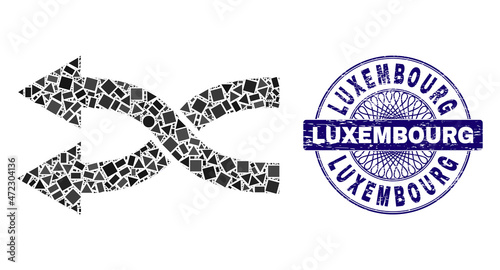 Geometric mosaic shuffle arrows left, and Luxembourg scratched seal imitation. Blue seal includes Luxembourg caption inside round form. Vector shuffle arrows left mosaic is composed of random circle,