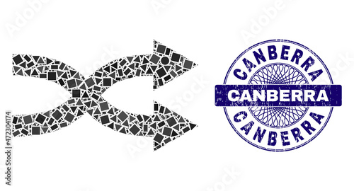 Geometric mosaic shuffle arrows right, and Canberra unclean stamp seal. Violet stamp seal contains Canberra title inside round shape. Vector shuffle arrows right mosaic is formed with scattered round,