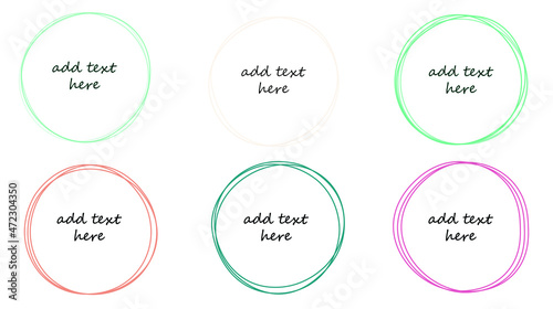 Vector set of six colorful hand drawn circle frames with copy space for text. Design templates for social media graphics.