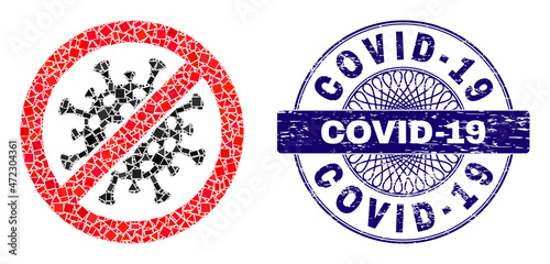 Geometric mosaic stop covid-19 virus, and Covid-19 scratched stamp. Blue stamp contains Covid-19 caption inside circle form. Vector stop covid-19 virus mosaic is organized of scattered circle,