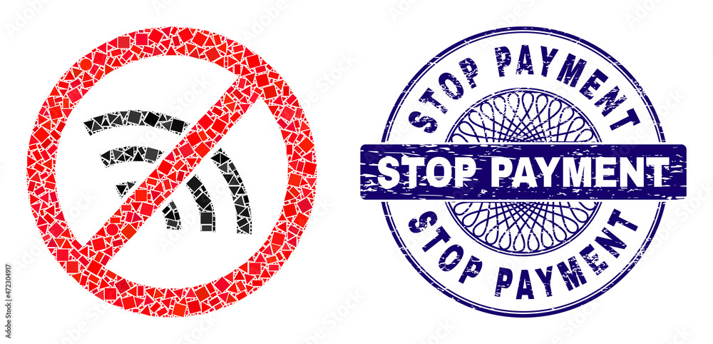 Geometric collage stop Wi-Fi, and Stop Payment dirty seal. Blue seal contains Stop Payment tag inside circle shape. Vector stop Wi-Fi collage is constructed from scattered circle, triangle, Geometric collage stop Wi-Fi, and Stop Payment dirty seal. Blue seal contains Stop Payment tag inside circle shape. Vector stop Wi-Fi collage is constructed from scattered circle, triangle,