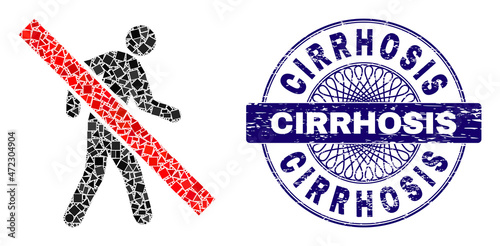 Geometric collage stop walking pedestrian, and Cirrhosis textured stamp seal. Violet stamp seal includes Cirrhosis title inside circle form.