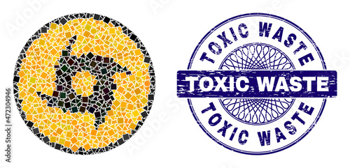 Geometric mosaic storm whirlpool danger, and Toxic Waste rubber stamp. Violet stamp contains Toxic Waste tag inside circle shape. Vector storm whirlpool danger mosaic is made of scattered circle,
