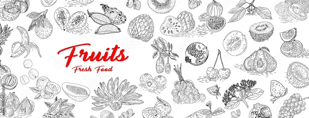 Fruit collection in flat hand drawn style, illustrations set. Fruit collection in flat hand drawn style, illustrations set.