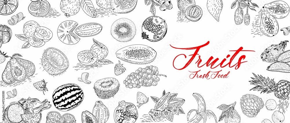 Fruit collection in flat hand drawn style, illustrations set.