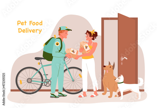 Cartoon deliveryman with bicycle giving bags with dog products to woman, man courier delivering order to door. Online pet store, animal care concept. Pet food delivery service vector illustration
