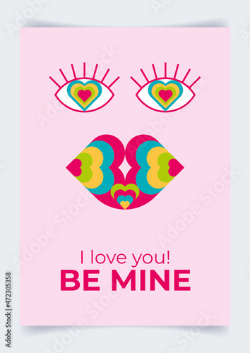 Valentine's day card with abstract face, crazy eyes, stylized kiss and inscription "be mine". Creative trendy motivational poster, background, banner, flyer, invitation, print, design element