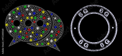 Glossy polygonal mesh net chat messages icon with glitter effect on a black background, and 6G textured seal. Illuminated vector model created from chat messages icon,