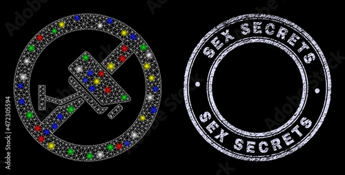 Glossy polygonal mesh net stop CCTV camera icon with glow effect on a black background, and Sex Secrets grunge stamp seal. Illuminated vector structure created from stop CCTV camera icon,