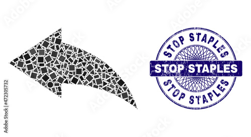 Geometric collage undo, and Stop Staples unclean seal imitation. Violet stamp seal contains Stop Staples title inside round form. Vector undo mosaic is made from random round, triangle,