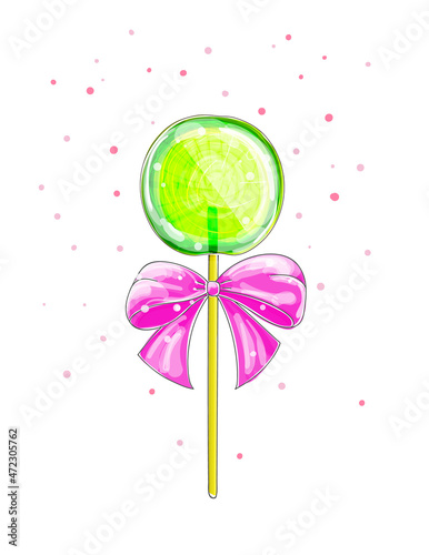 Candies, lollipop with bows . Vector sweets, lemon lollypops isolated on white background. Twisted and Swirling Lollipops on Sticks