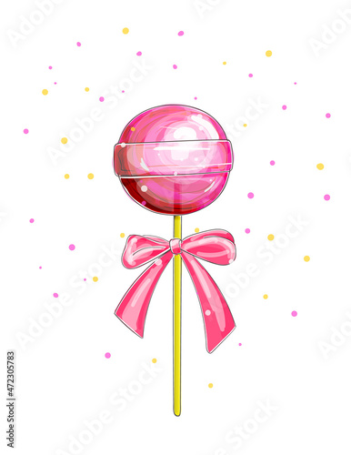Candies, lollipop with bows . Vector sweets, red lollypops isolated on white background. Twisted and Swirling Lollipops on Sticks