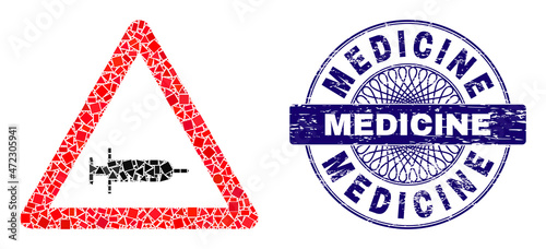 Geometric mosaic vaccine warning, and Medicine rubber stamp seal. Blue stamp seal has Medicine text inside round shape. Vector vaccine warning mosaic is composed with different circle, triangle,