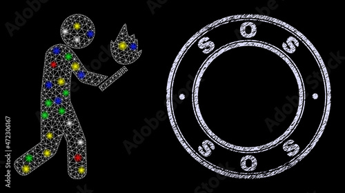 Glossy polygonal mesh web fire arsonist icon with glitter effect on a black background, and Sos scratched seal. Illuminated vector mesh created from fire arsonist symbol,