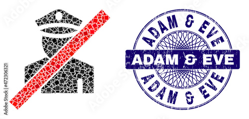 Geometric collage wrong policeman, and Adam & Eve rubber seal imitation. Blue stamp seal includes Adam & Eve text inside circle shape. Vector wrong policeman collage is made from random circle,