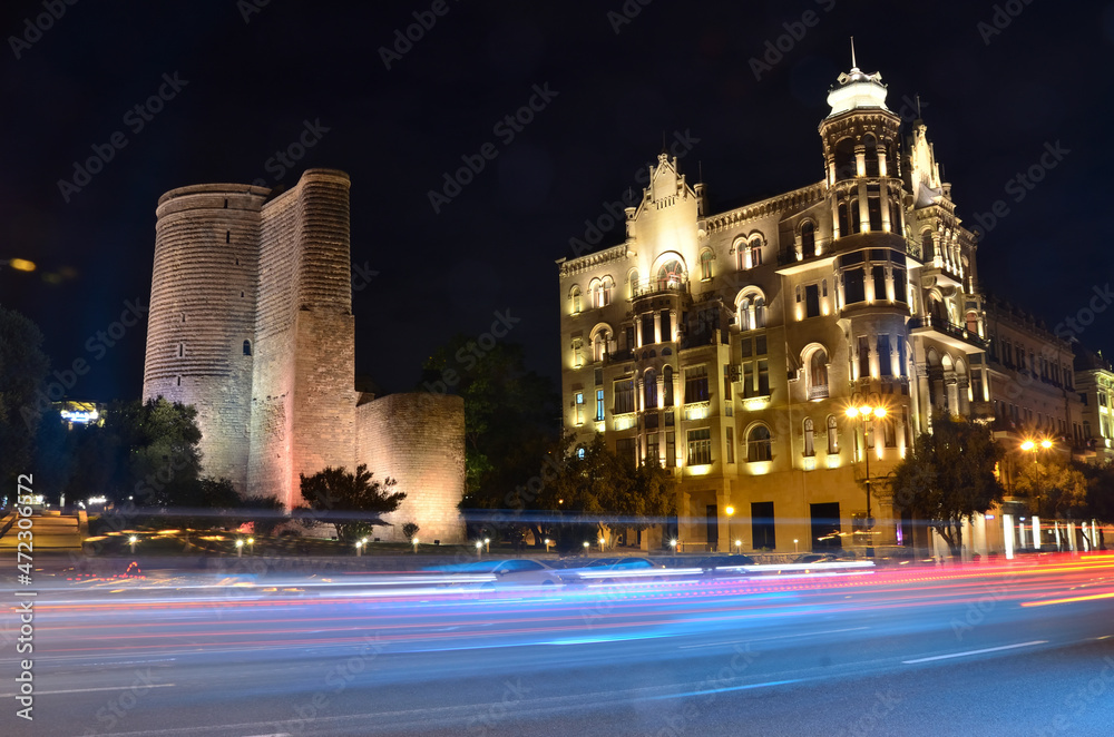 Maiden Tower in the night city of Baku