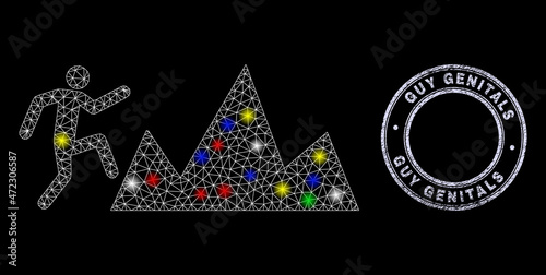 Glossy polygonal mesh net climb rocks icon with glitter effect on a black background, and Guy Genitals corroded seal. Illuminated vector mesh created from climb rocks icon,