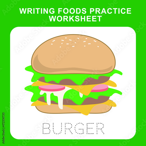 Illustration of writing food practice worksheet. Educational printable worksheet. Exercises lettering game for kids. Vector illustration.