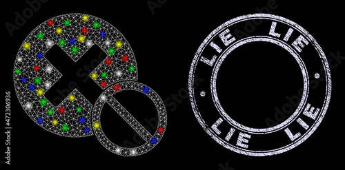 Glossy polygonal mesh net not negative icon with glitter effect on a black background, and Lie unclean stamp seal. Illuminated vector model created from not negative icon,