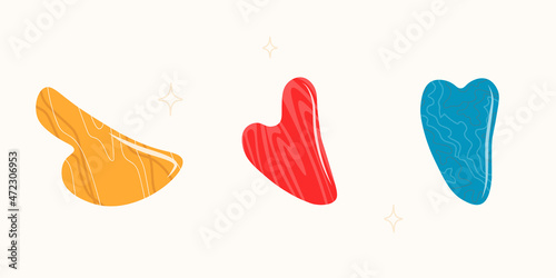 Set of a variety of gua sha scrapers in different colors and shapes. Stone for face massage. Self-massage tools. Vector repeating pattern for design.