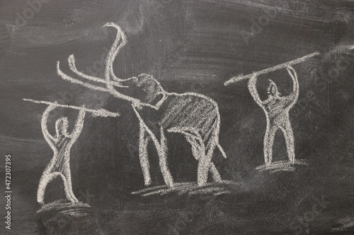 Chalk drawing of mammoth hunting