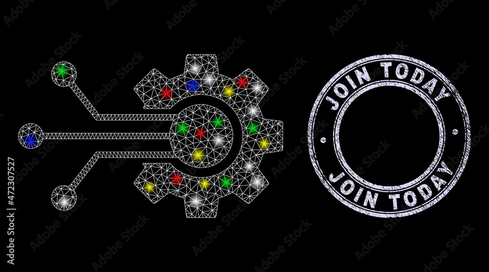 Glossy polygonal mesh net smart cog connections icon with glare effect on a black background, and Join Today rubber stamp seal. Illuminated vector mesh created from smart cog connections pictogram,