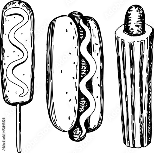 Set of hot dog, corn dog, french hot dog. Collection of fast food sketches. Hand drawn vector illustration in retro style. Outline cliparts isolated on white background. photo