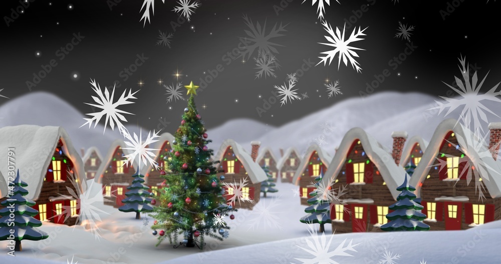Digitally generated image of christmas tree and illuminated houses with snowflakes at night