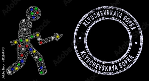 Glossy polygonal mesh net trend up courier icon with glare effect on a black background, and Klyuchevskaya Sopka dirty stamp. Illuminated vector mesh created from trend up courier icon,