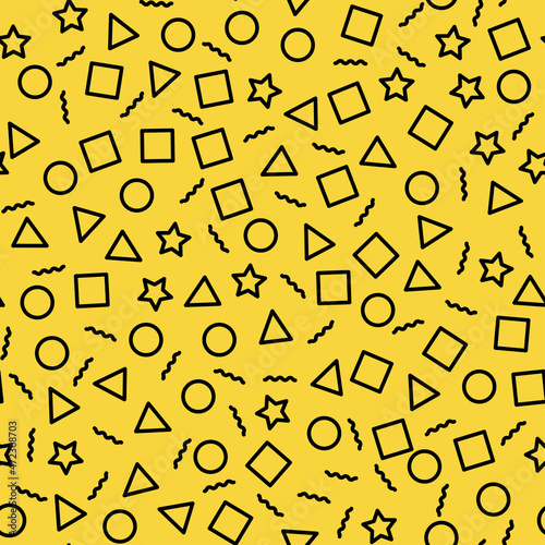 Vector illustration with geometric abstract seamless pattern. Black thin line geometric shapes on yellow background