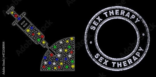 Glossy polygonal mesh net inoculation icon with glitter effect on a black background, and Sex Therapy scratched stamp. Illuminated vector structure created from inoculation icon,