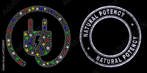 Glossy polygonal mesh net electric plug icon with glitter effect on a black background, and Natural Potency textured watermark. Illuminated vector mesh created from electric plug symbol,