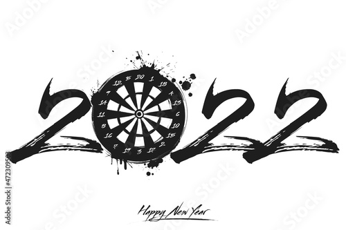 Numbers 2022 and a abstract dartboard made of blots in grunge style. Design text logo Happy New Year 2022. Template for greeting card, banner, poster. Vector illustration on isolated background