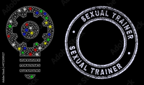 Glossy polygonal mesh web gear bulb icon with glow effect on a black background, and Sexual Trainer unclean seal imitation. Illuminated vector mesh created from gear bulb pictogram,
