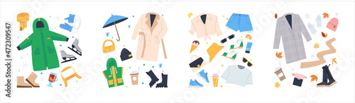 Sets of clothing items for the four seasons. Kits for winter, spring, summer and fall. Closet. Flat vector illustration.