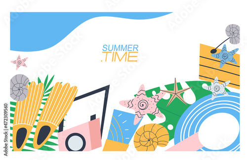 Wallpaper Mural Tropical background with summer time text. On a white background leisure objects - hat, seashells, plant leaves. Flat vector background for banner or postcard design. Torontodigital.ca