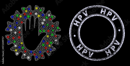 Glossy polygonal mesh web stop hand coronavirus icon with glitter effect on a black background, and Hpv grunge stamp. Illuminated vector mesh created from stop hand coronavirus symbol,