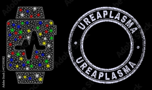 Glossy polygonal mesh net pulse watches icon with glitter effect on a black background with Ureaplasma scratched stamp. Illuminated vector constellation created from pulse watches pictogram,
