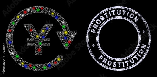 Glossy polygonal mesh web yen pay again icon with glow effect on a black background with Prostitution grunge stamp seal. Illuminated vector model created from yen pay again icon,