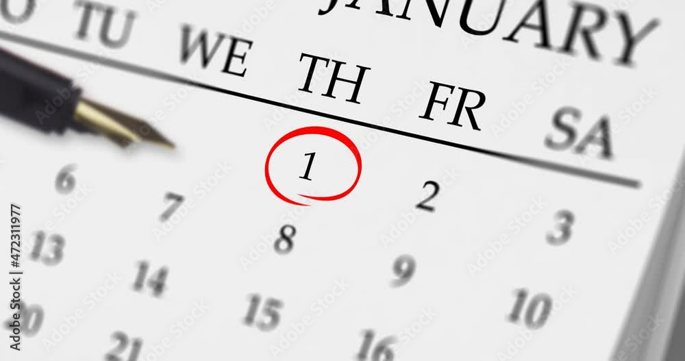 Animation of pen pointing to red ring over january 1st on a monthly calendar Animation of pen pointing to red ring over january 1st on a monthly calendar