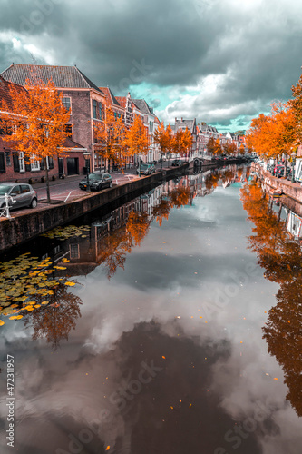 Street view and the beautiful canals in Leiden  Netherlands