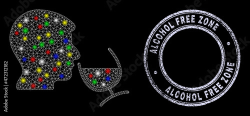 Glossy polygonal mesh web wine sommelier icon with glitter effect on a black background with Alcohol Free Zone textured stamp seal. Illuminated vector mesh created from wine sommelier pictogram,