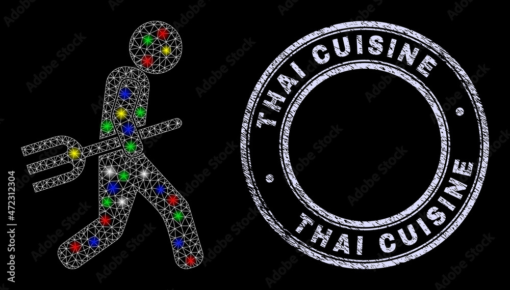Glossy polygonal mesh net fork robber icon with glow effect on a black background with Thai Cuisine corroded stamp. Illuminated vector constellation created from fork robber symbol,