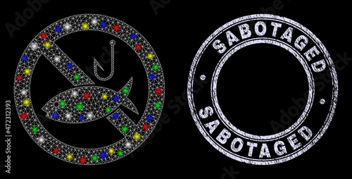 Glossy polygonal mesh web restricted fishing icon with glitter effect on a black background, and Sabotaged scratched stamp seal. Illuminated vector mesh created from restricted fishing symbol,